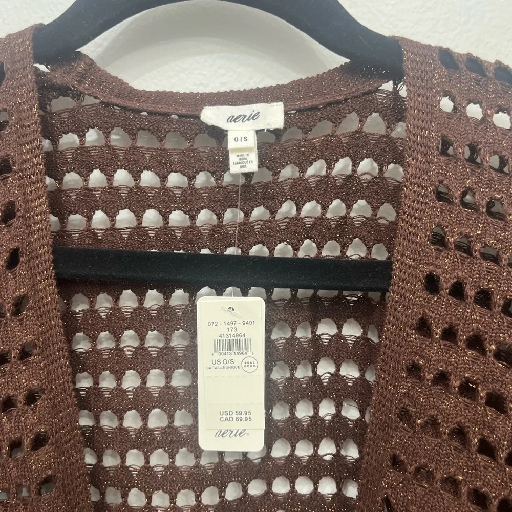 NWT Aerie Brown Crochet Fringe Open-Front Sweater One Size MSRP:$60 - Picture 4 of 7